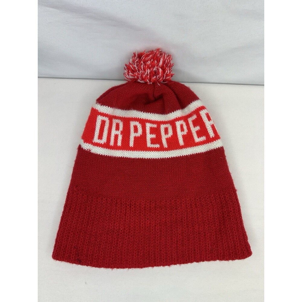 Vintage Dr Pepper Red White Knit Pom Beanie Stocking Cap
